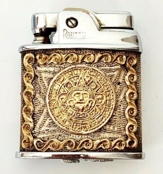 Vintage Ronson Sport Lighter Aztec Gold Tone Made In Mexico Detailed