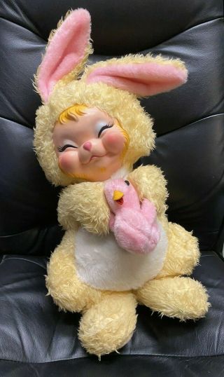 The Rushton Company Vintage Rubber Face Bunny Rabbit Plush Stuffed Holding Chick