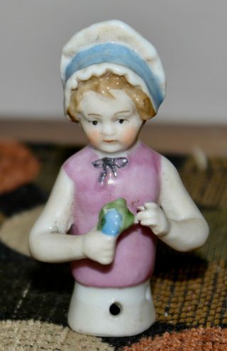 Antique Half Doll Little Girl Holding A Flower Germany 22480