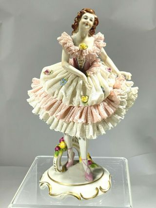 19th Dresden Volkstedt Porcelain Lace Figurine " Ballet Dancer Pink Slippers "
