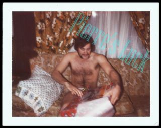 Sexy Shirtless Hairy Chest Man Opening Gift Vintage 1970 