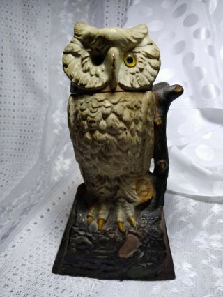 Antique Cast Iron Mechanical Bank J&e Stevens 1880 Owl Perched On Log