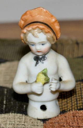 Antique Half Doll Little Girl In An Orange Bonnet Germany