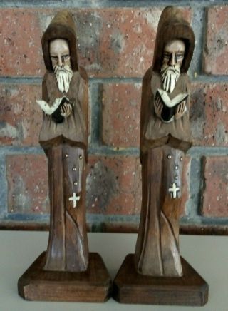 Vintage Carved Wood Catholic Monk Figurines.  Bookends