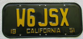 1951 California Ham Radio License Plate " W6jsx "