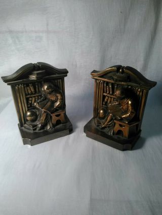 2 Vintage Solid Brass Bookends Monk Scholar Reading In Library Philadelphia Mfg