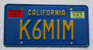 1973,  1974 California " Blue Base " Ham Radio License Plate K6mim
