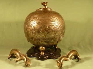 Antique Chinese Brass Bronze Censer On Wooden Base,  Dragons Etc