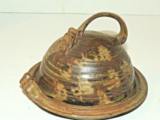 Vintage Handmade Pottery Stoneware Butter Dish W/ Dome,  Turned Handle,  Rustic
