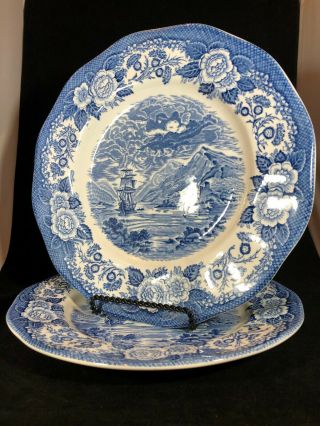 Vintage Royal Warwick Lochs Of Scotland Ship 10 " Dinner Plates Blue & White