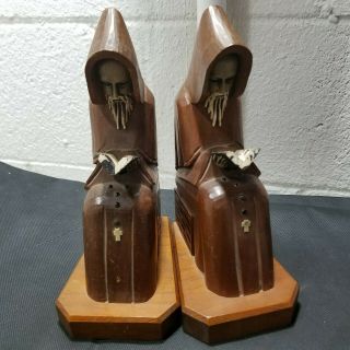 Vintage Hand Carved Wood Wooden Hooded Monk Rosery Bookends