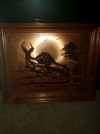 Vintage John Louw 3d Framed Copper Art Wall Picture Plaque Lion With Prey Signed