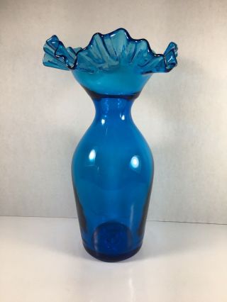Vintage Blenko Hand Blown Glass Decanter Vase Ruffle Top Blue Color