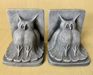 Vintage Plaster Chalkware Modernist Owl Bookends Signed Witt 