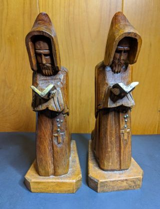 Vintage Friar Monk Hand Carved Wood Bookends Bible Wooden - 9.  5 " Tall