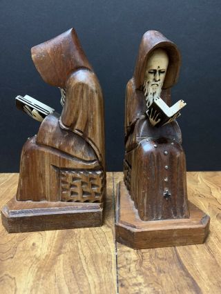 Pr Carved Wood Hooded Monk Bookends Friar Priest Robed & Bearded Reading Men