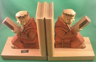 Monk Figurine Bookends Wood Carved Swiss Made Holz - Schnitzerei Hein 5 " X 5 1/2 "