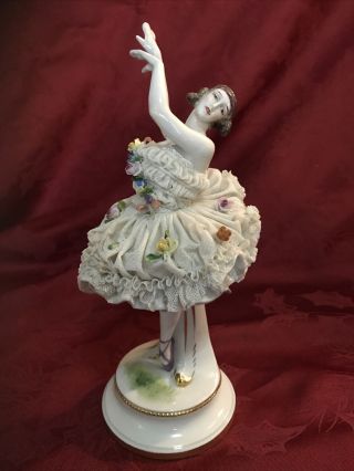 Antique Muller Volkstedt Ballerina Dancer Figurine Dresden Porcelain Lace 9.  5”
