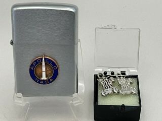 Vintage 1968 Nasa Apollo Zippo Lighter W/ Lunar Rover Earrings Scientists Estate