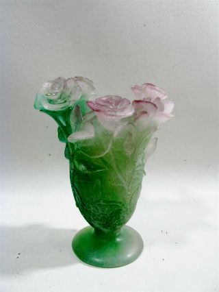 Vtg Daum France Pate De Verre 7” Roses Vase Pink & Green