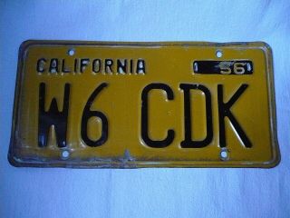 Old California Ca,  Ham Radio License Plate 1956,  Yellow,  Black W6 Cdk