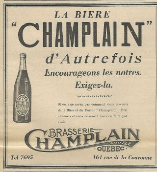 1922 Champlain Beer,  Quebec City Canada Ad In French