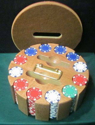 Vintage Ceramic Poker Chips Set Hard Wood Carousel Chip Caddy.  Nos