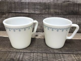 Vintage Pyrex Mugs Set Of 2 White W/blue Snowflake Coffee Tea Collectable Rare