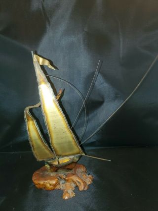 Vintage Signed Brass Sailboat Sculpture On Wood Base With Seagull Unique